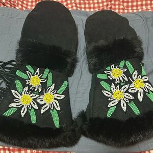 ML Furs Astis Kasparek Long Cuff Mittens with Flower Embroidered